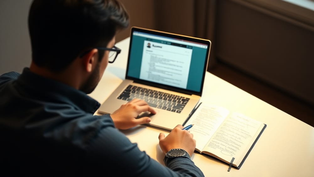A job seeker reviewing an AI-assisted resume on a laptop, making handwritten notes to personalise it