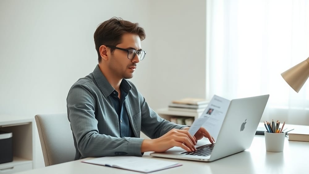 Job seeker reviewing resume on a laptop, calm and focused