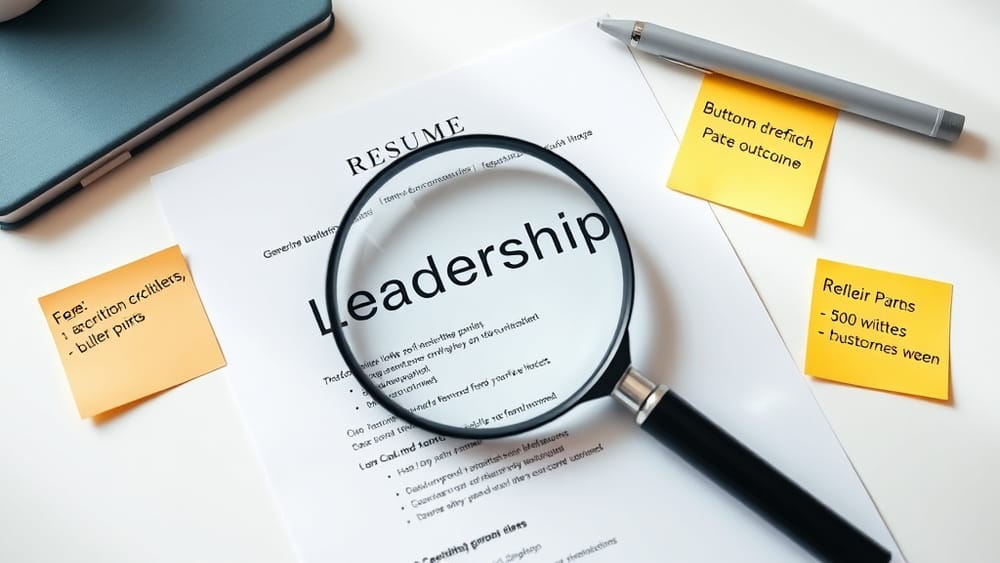 A resume on a desk with a magnifying glass highlighting the word 'Leadership', emphasising the need for specific skill descriptions