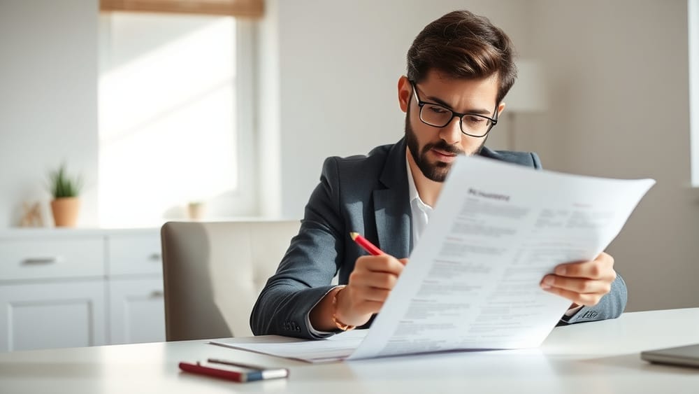 A job seeker reviewing a resume at a desk, highlighting problem areas with a pen