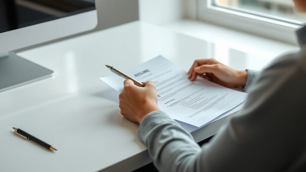 A job seeker reviewing their resume at a desk, looking focused and determined