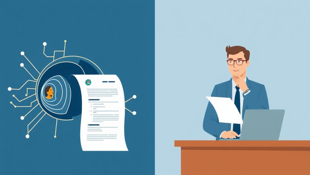 A resume document split between a robotic AI reader on one side and a human hiring manager on the other