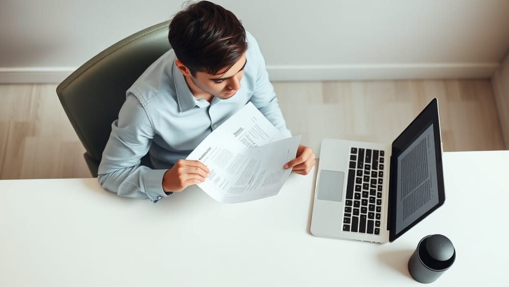 A job seeker reviewing a resume on a laptop, with a clean minimal desk setup